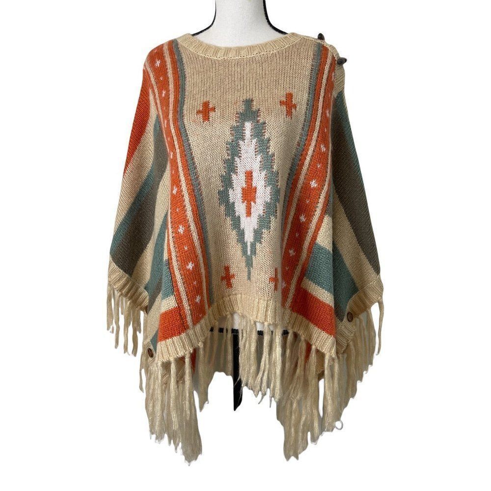 Moon Knitted, Fringed‎ Poncho with Decorative Buttons, Acrylic - Small